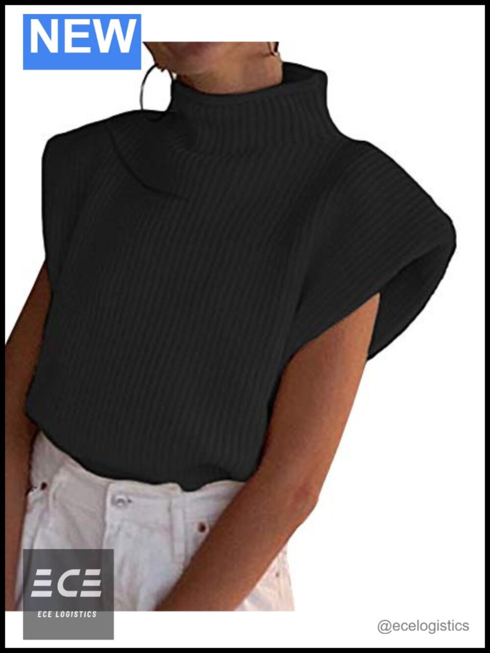 Womens Ribbed Knit Sweater Vest Sleeveless Mock Neck Shoulder Pad Top